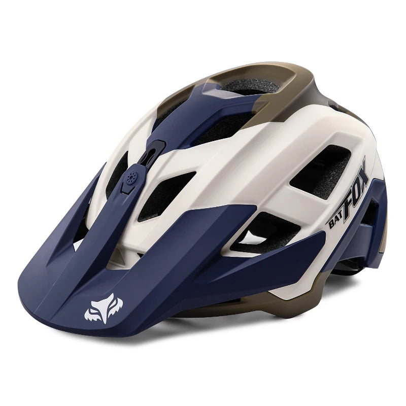 Batfox 2025 MTB-Helm Blau Weiß Braun – Schrägansicht mit Visier und Luftkanälen