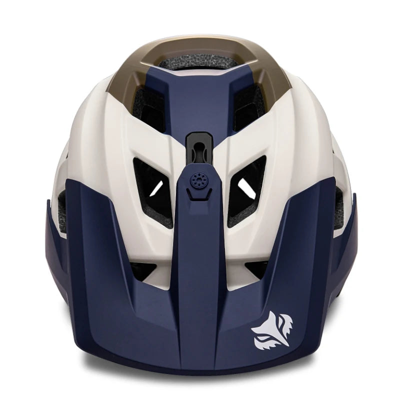 Batfox 2025 MTB-Helm Blau Weiß Braun – Komplette Vorderansicht