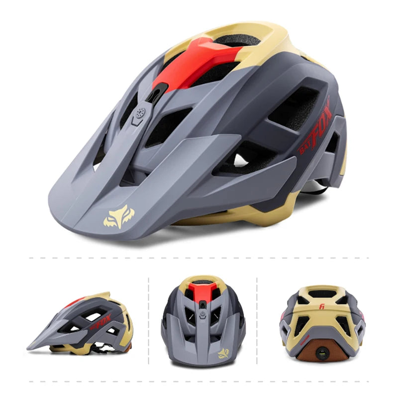 Batfox 2025 MTB-Helm Grau Rot Beige – Mehrere Ansichten für klare Sicht auf alle Details