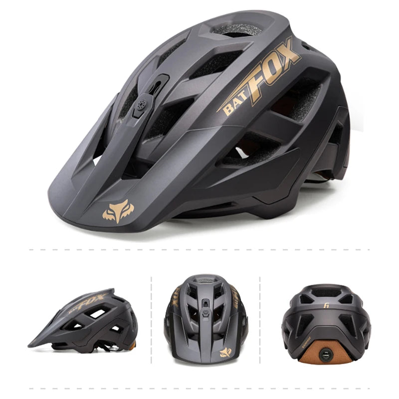Batfox 2025 MTB-Helm Schwarz Gold – Mehrere Ansichten mit elegantem matten Finish
