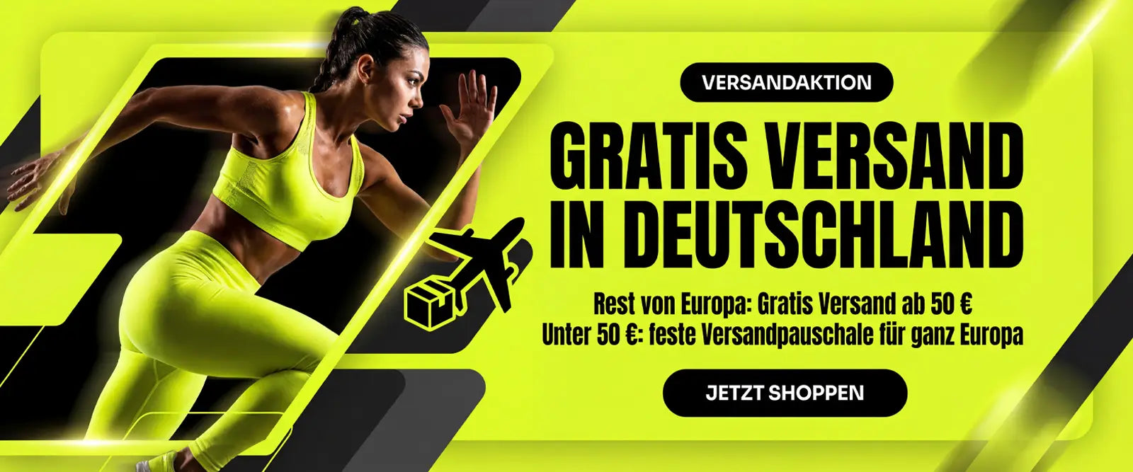 FYRIC Werbebanner in Neon-Design mit Läuferin und Text „Gratis Versand in Deutschland“, ideal für Herren-Sportartikel.