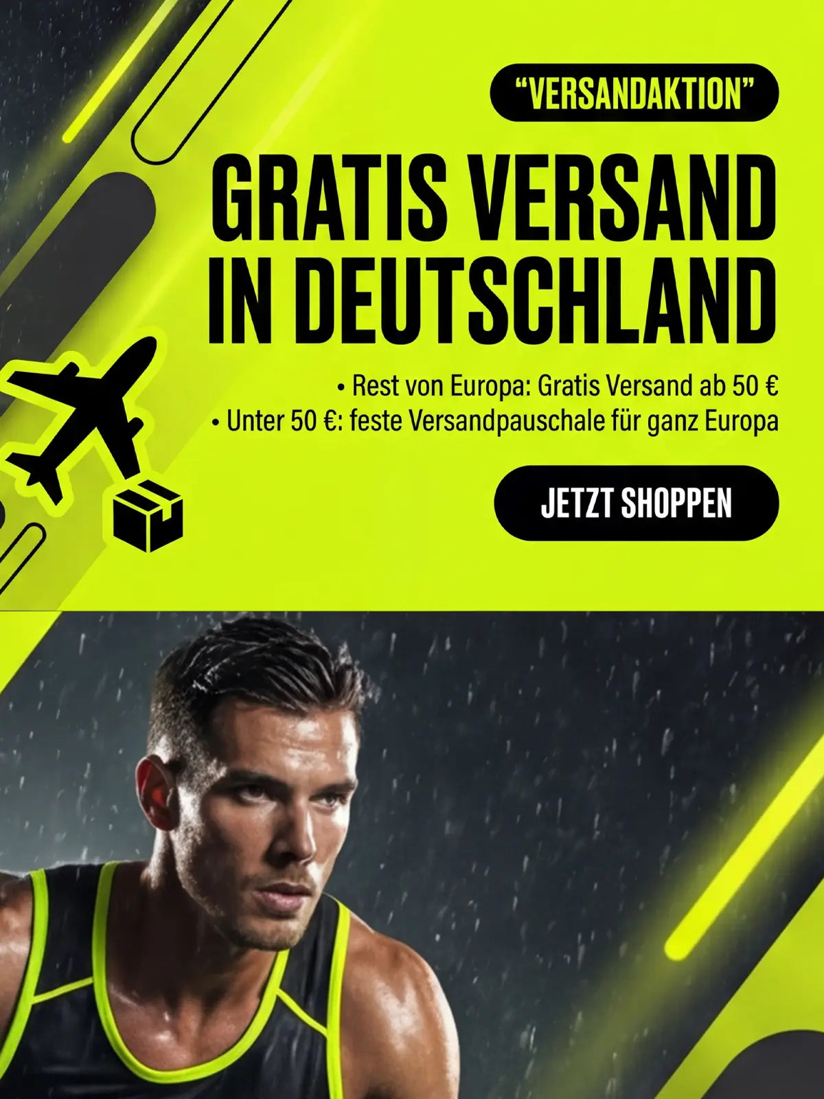 Sportliches Banner von FYRIC mit Gratis Versand in Deutschland, Neon-Design für Herren-Performance.